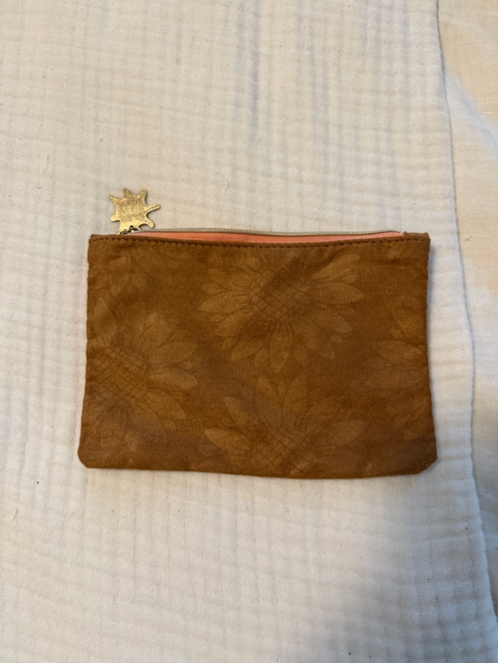 ipsy Tan Suede Floral Embossed Cosmetic Pouch with Gold Charm